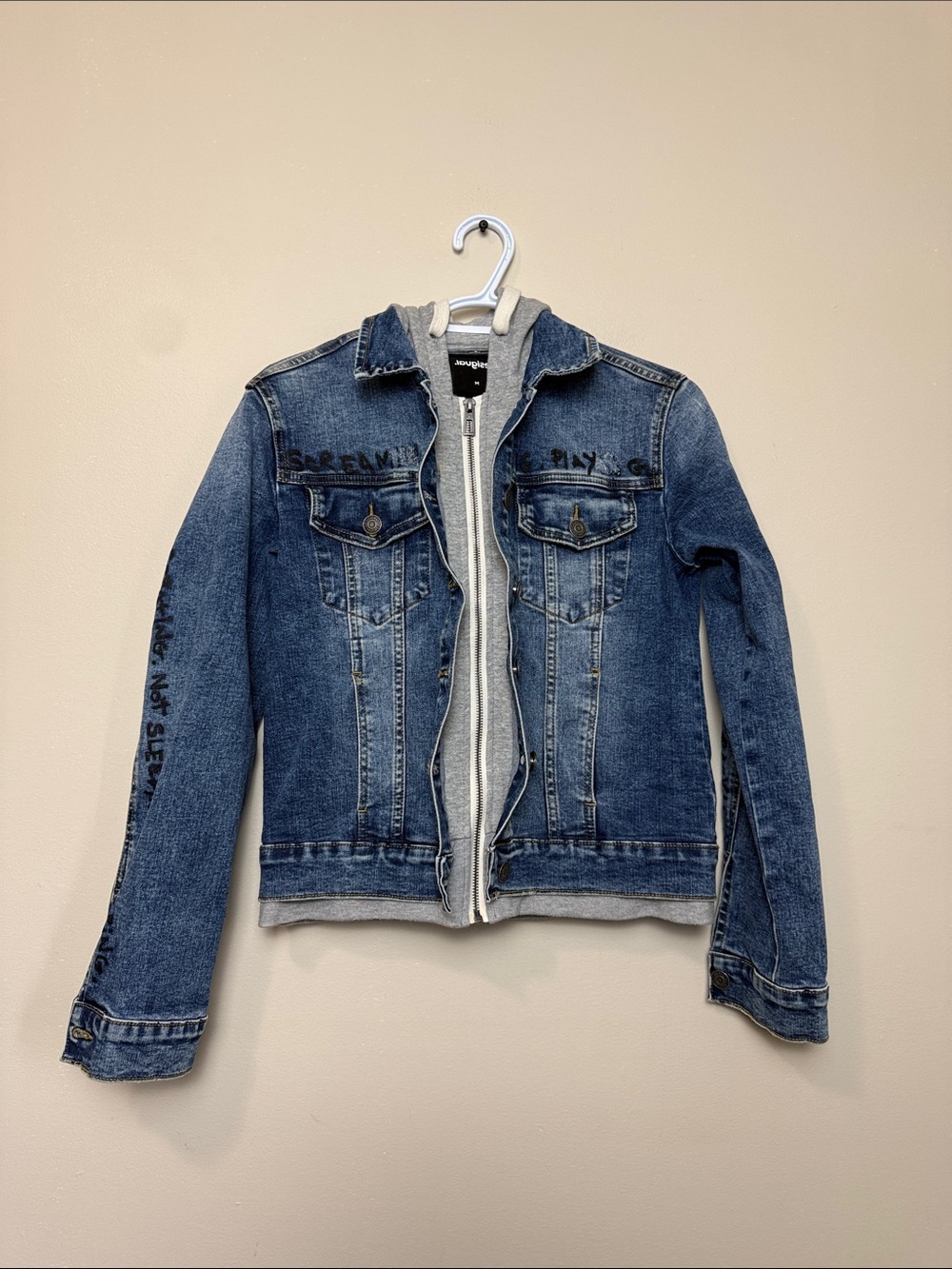 Desigual Blue Denim Jacket with Gray Hood size M